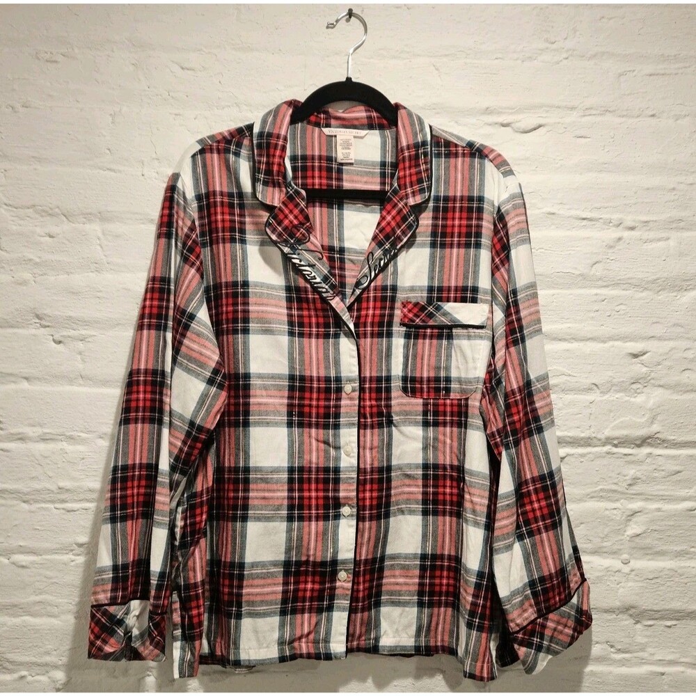 Victoria's Secret Red White Green Plaid Cotton Flannel Pajama Shirt Top Size XL